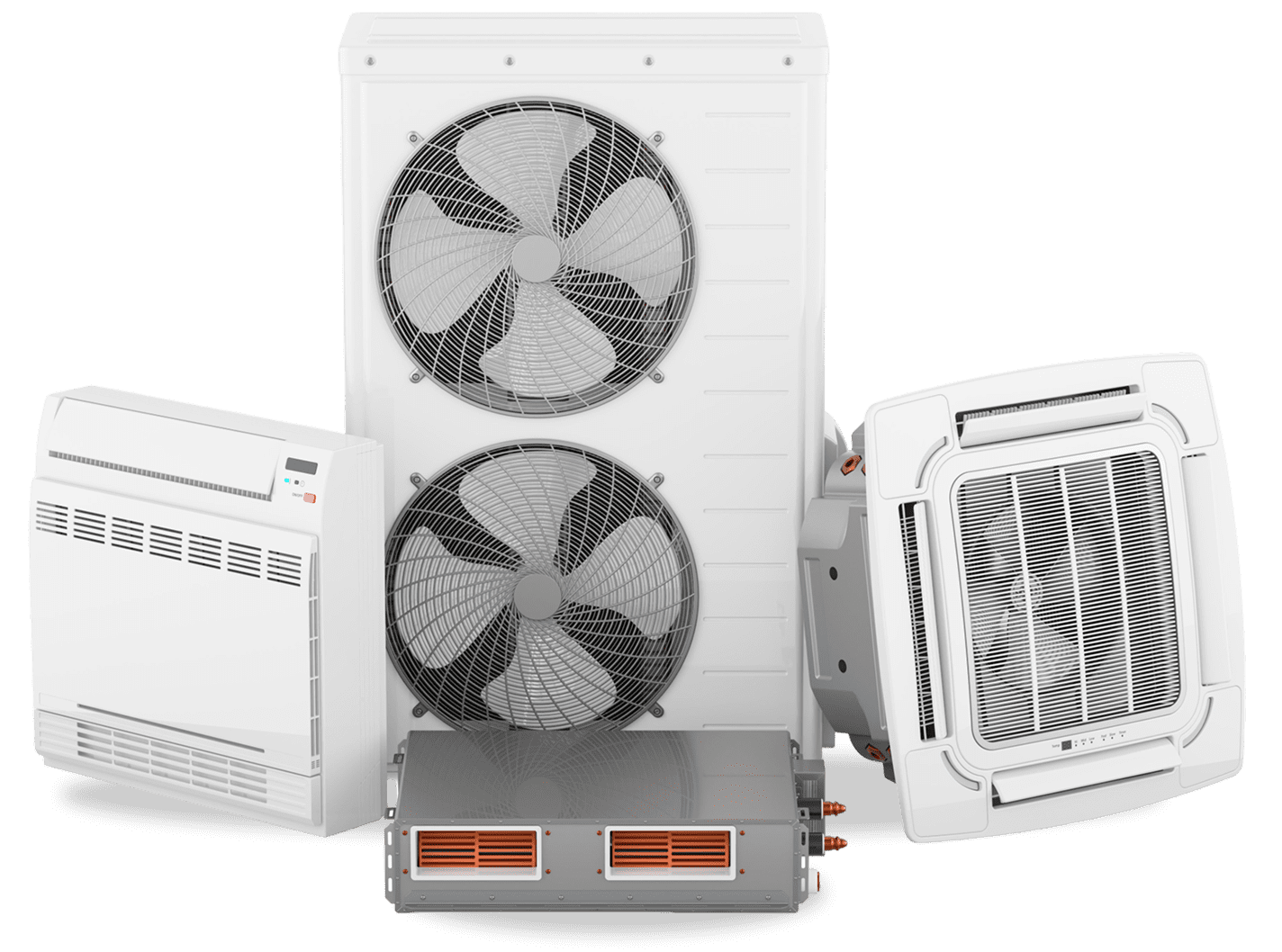 Air conditioning units and components on display.