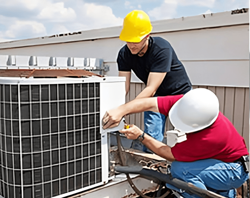 Two workers repairing rooftop air conditioning unit.