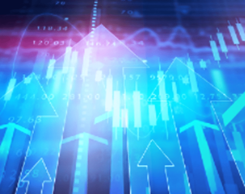 Blue arrows and graphs indicating financial growth.